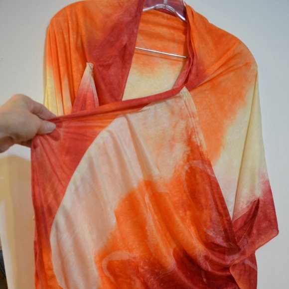 Shawl Scarf with Pouches Orange-Red-Yellow Wide White Prints Silky Wrap 70'x25' - Picture 5 of 13
